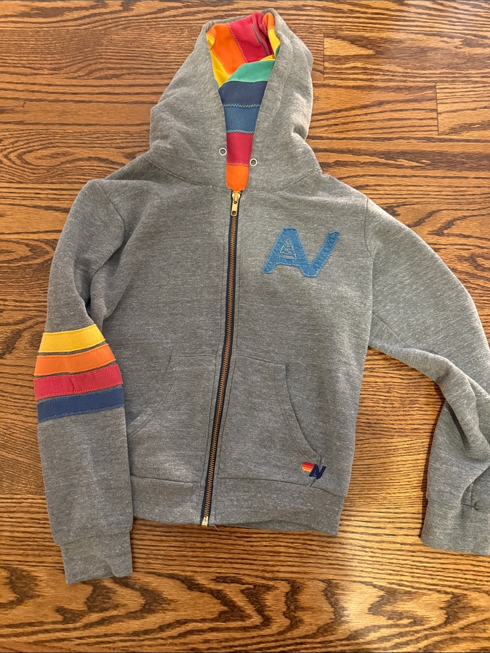 Aviator Nation Gray Kids Zip Hoodie with Rainbow Stripe - Size 12